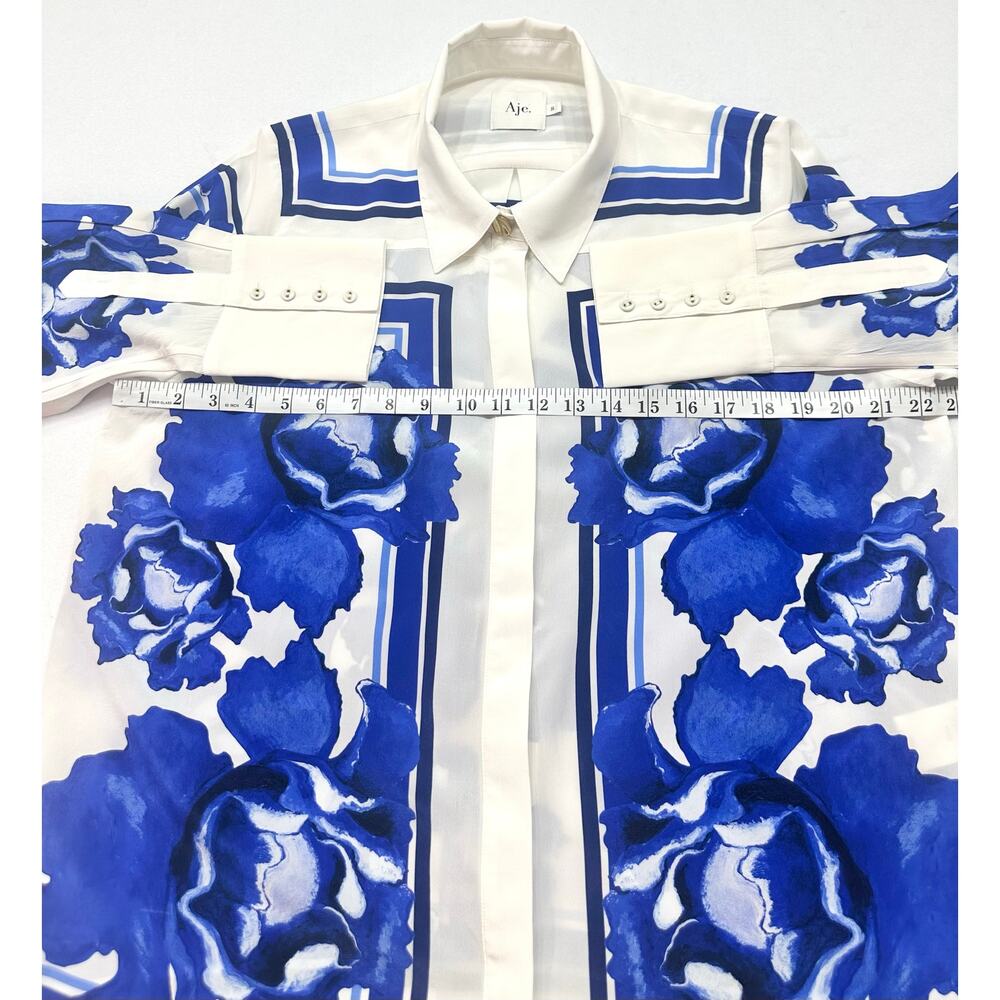 NWOT Aje Atomic 100% Silk Shirt Boldly Blooming Cobalt Floral Blouse Size 8 - Picture 13 of 15